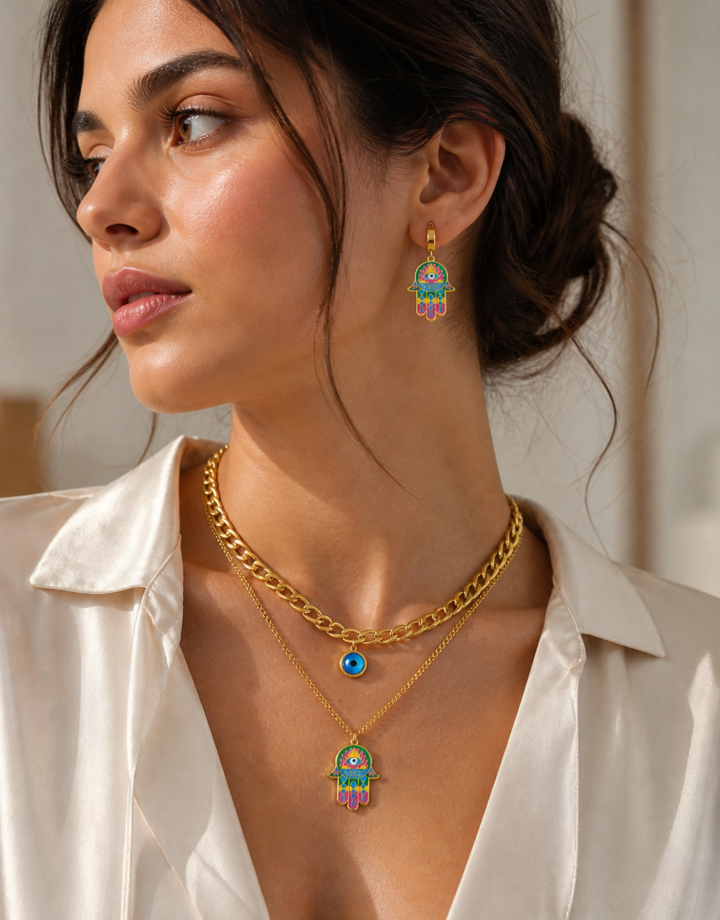 Fashion Necklace + earrings Set - Dripping Oil Colored Evil Eyes and Palm