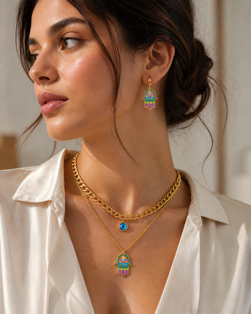 Fashion Necklace + earrings Set - Dripping Oil Colored Evil Eyes and Palm
