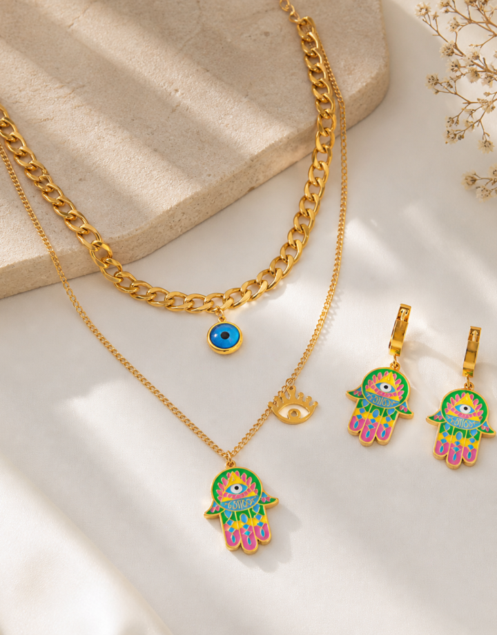 Fashion Necklace + earrings Set - Dripping Oil Colored Evil Eyes and Palm