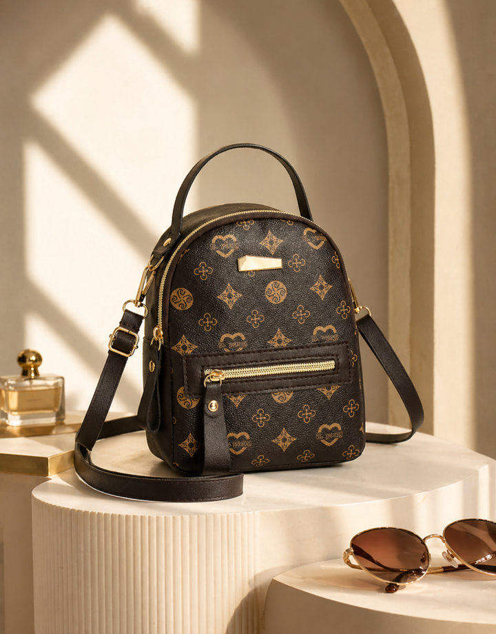 Dark Brown Printed Backpack