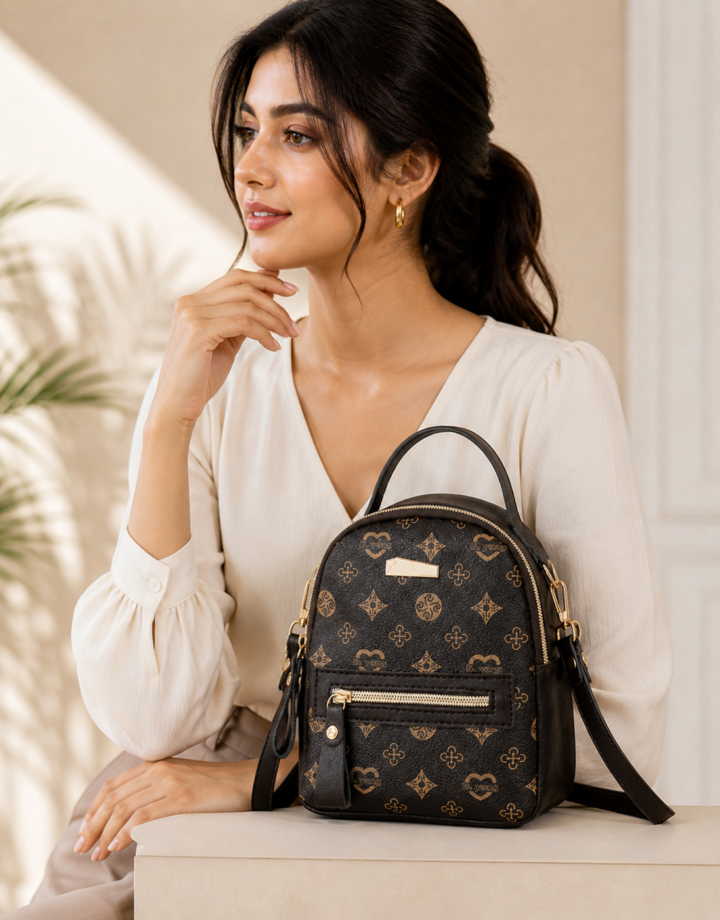 Dark Brown Printed Backpack