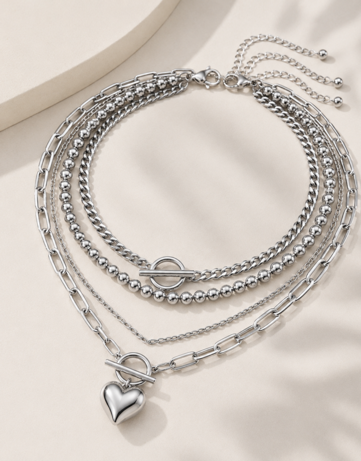 White love Heart-shaped Beaded Multi-layer Necklace