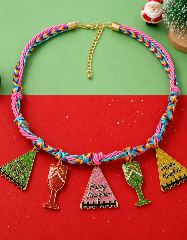 Colorful Braided Alloy Christmas Tree Wine Glass Necklace