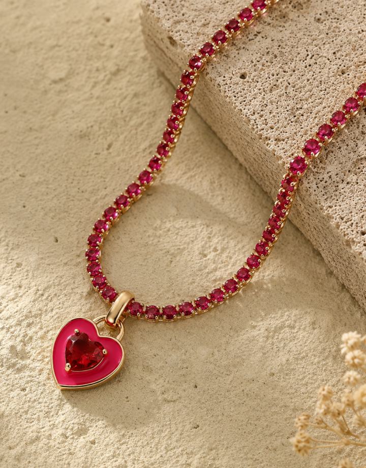 Rose Red Colorful Zircon Heart Gold Plated Claw Necklace