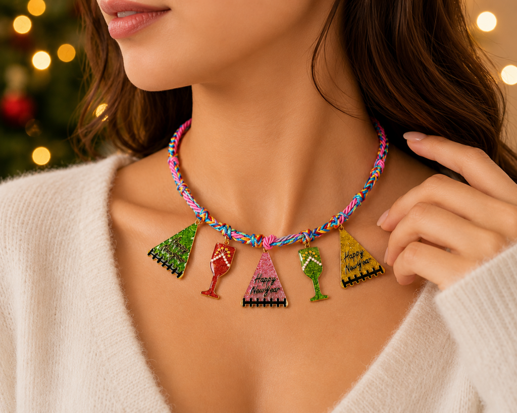 Colorful Braided Alloy Christmas Tree Wine Glass Necklace