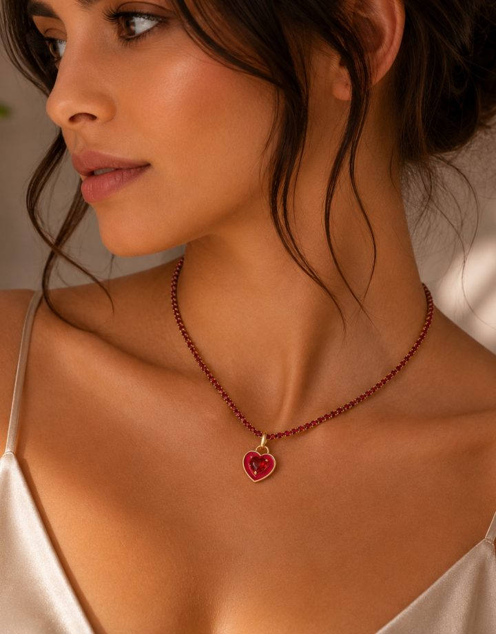 Rose Red Colorful Zircon Heart Gold Plated Claw Necklace