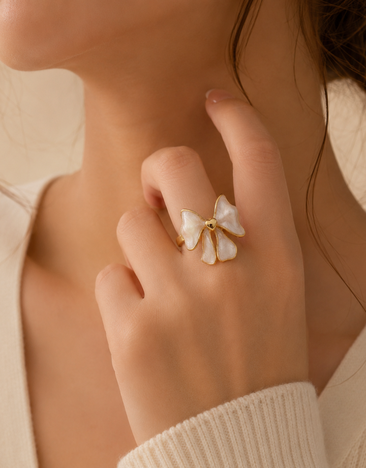 Beige Metal Bow Ring